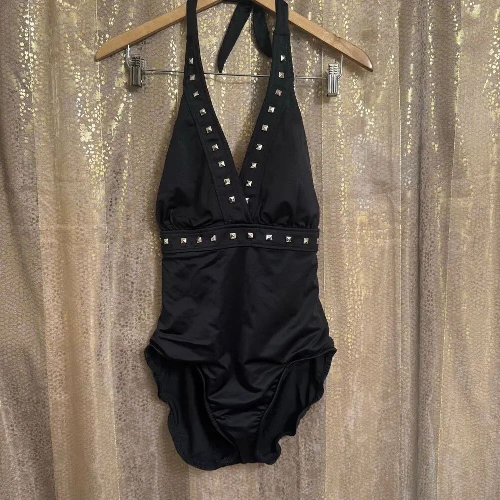Miraclesuit Alternative Black Studded Halter One Piece Swim Suit Size 12/14